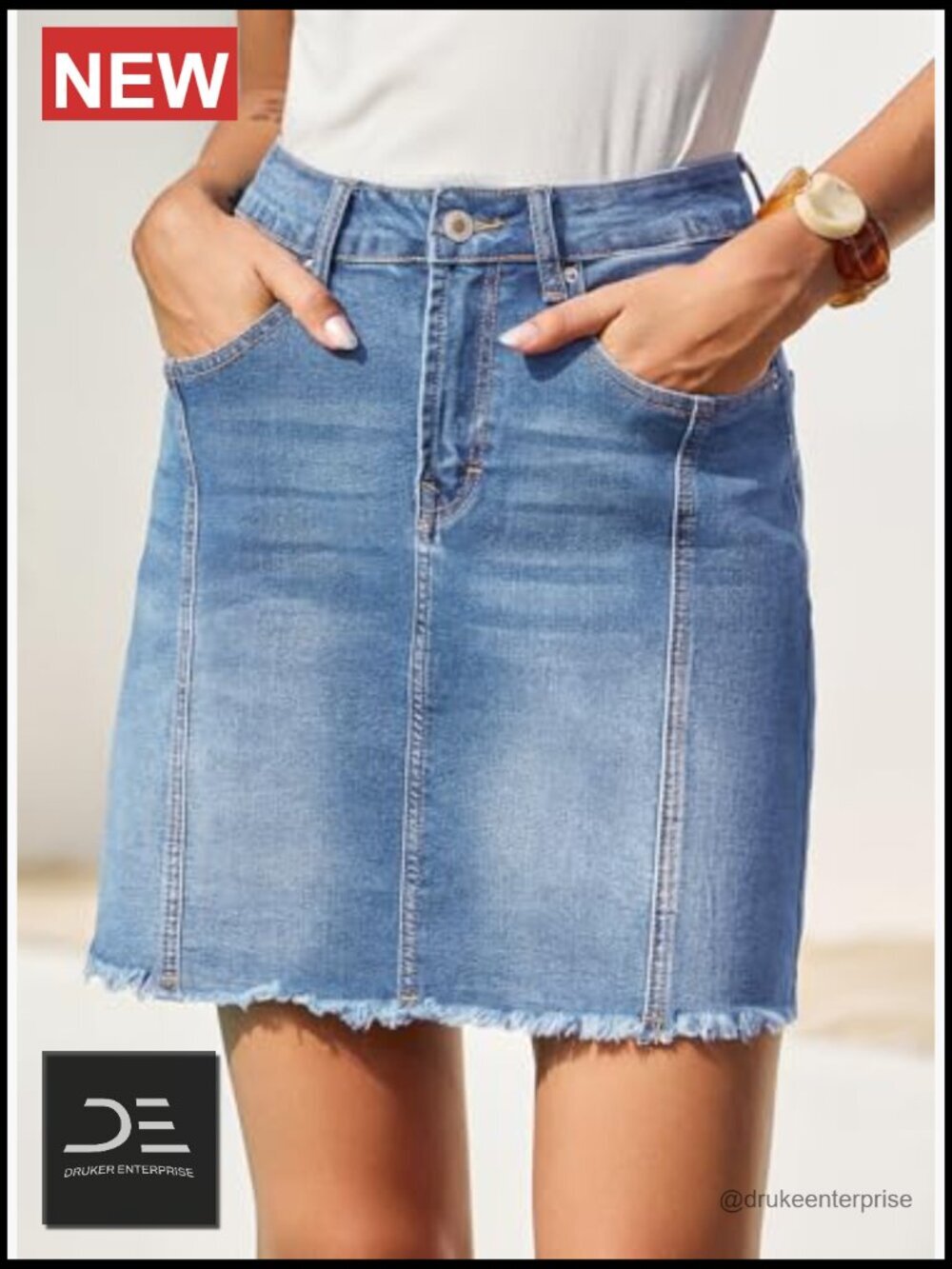 Stretch High Waist Raw Hem Zip Fly Denim Skirt - Picture 5 of 7
